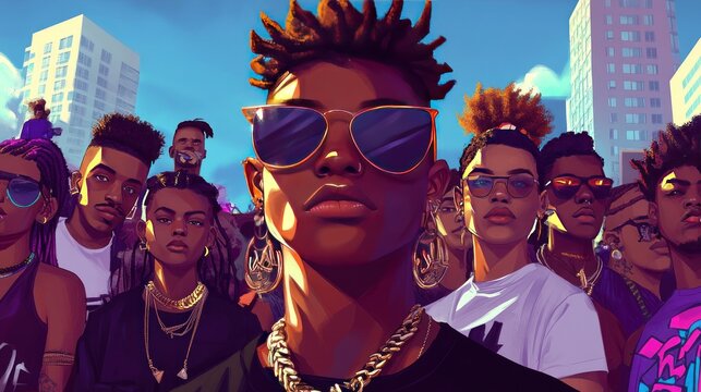 A vibrant group of stylish young individuals showcasing urban culture and fashion.