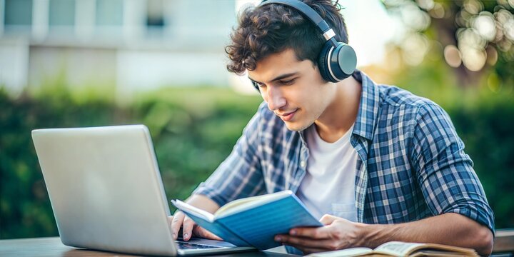 College student studying with a book, headphones, and laptop.



