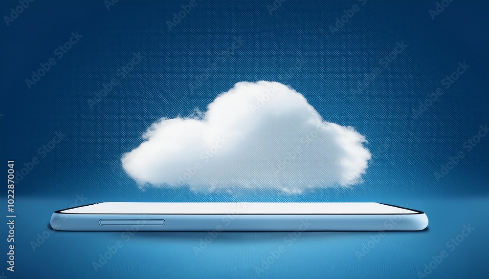 Poster a smartphone with a cloud above it, representing cloud technology and data storage.