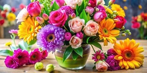 Obraz premium Vibrant Floral Arrangements and Heartfelt Greetings for Celebrating Mother's Day with Joyful Spirit