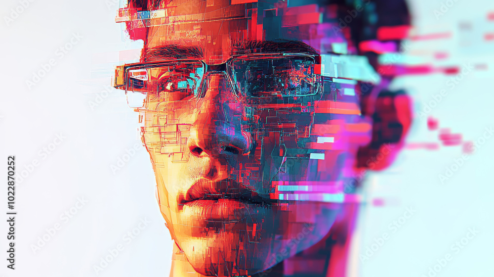 Poster fragmented into sharp, angular shapes that compose his features in a distinctly digital, geometric f