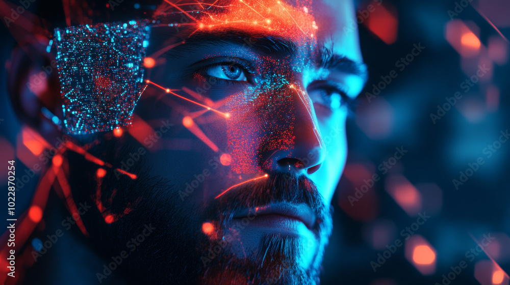 Poster fragmented into sharp, angular shapes that compose his features in a distinctly digital, geometric f