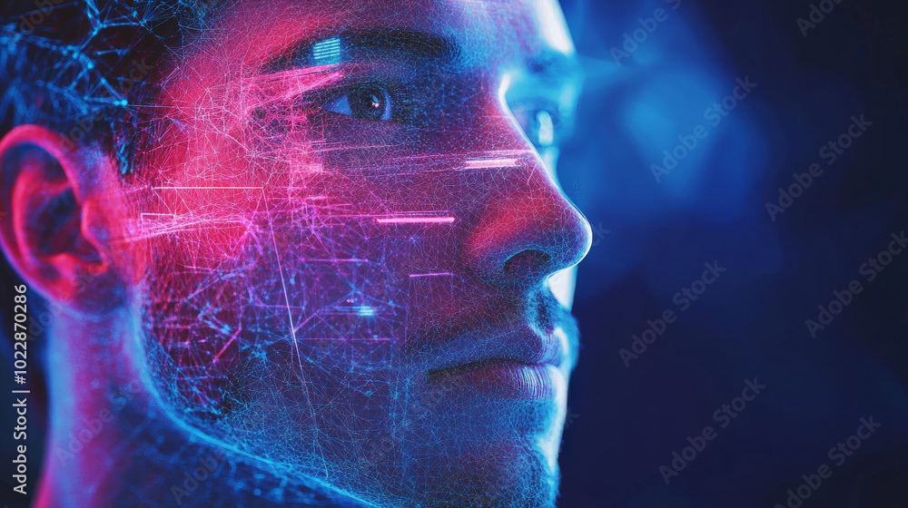 Poster fragmented into sharp, angular shapes that compose his features in a distinctly digital, geometric f