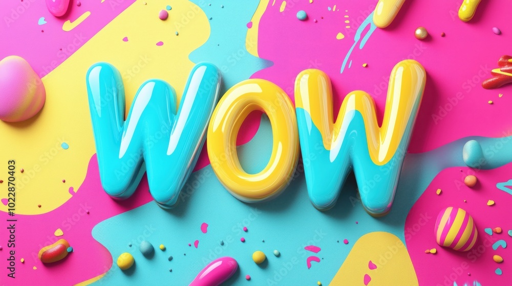 Poster colorful wow text with vibrant splashes and shapes
