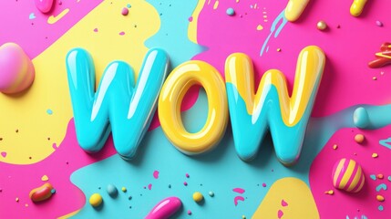 Fototapeta premium Colorful WOW text with vibrant splashes and shapes