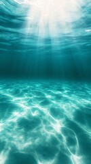 A wide-angle view of a serene underwater world, minimalist design illuminated by vibrant, innovative lighting