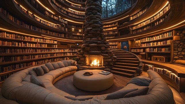 Elegant circular library with spiral bookshelves encircling the walls, a central fireplace with cozy seating, rustic yet luxurious ambiance