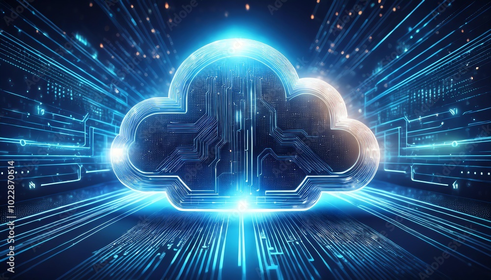 Poster a digital cloud symbol glowing with blue lights and streaming data, representing cloud computing and