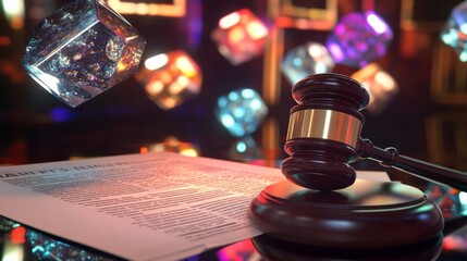 A gavel rests beside a legal document, with colorful dice floating above, symbolizing the intersection of law and chance.