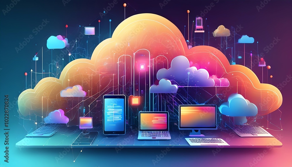 Poster a vibrant illustration depicting cloud computing, showcasing devices connected to digital clouds wit