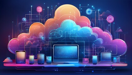 A vibrant illustration of a cloud computing concept featuring various devices connected by digital elements.