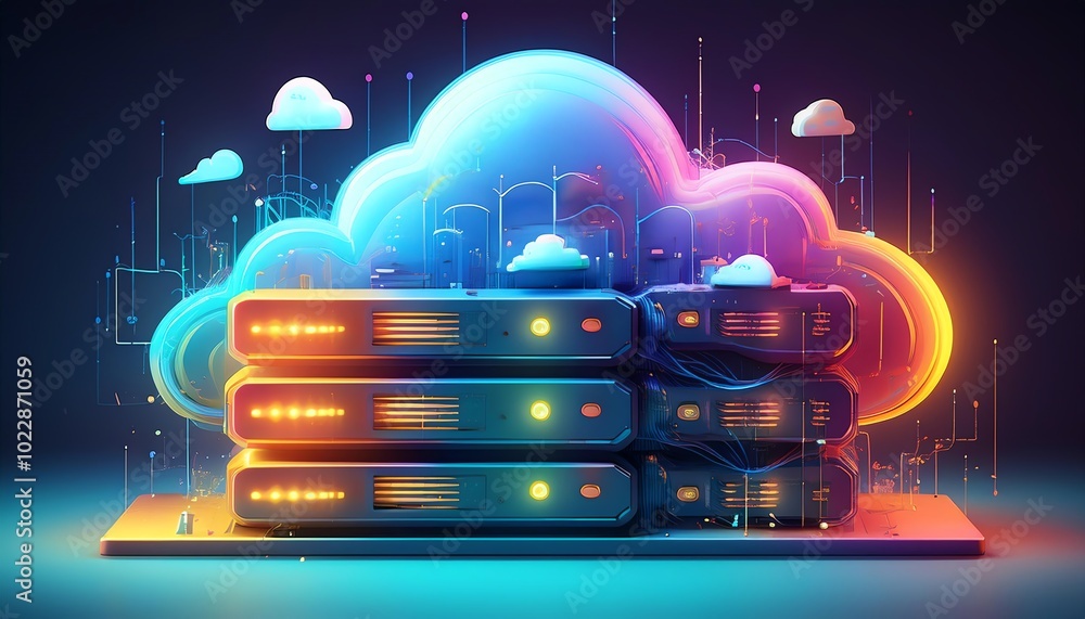 Poster a vibrant cloud storage concept with servers, illuminated by colorful lights, representing modern da