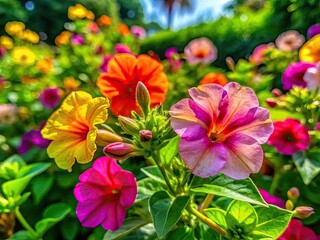 Vibrant Four O'Clock Flowers in Full Bloom Against a Lush Green Garden Background in Bright Sunlight