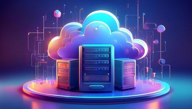 A digital illustration of a cloud storage concept, featuring colorful cloud graphics and server components, emphasizing technology and data management.