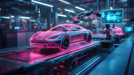 Futuristic factory floor with robotic arms assembling a flying car, detailed holographic interfaces, glowing neon purple and blue, cyberpunk tech environment