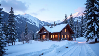 Winter Mountain Cabin with Snow-Covered Trees and Peaks