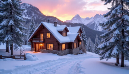 Charming Mountain Cabin at Sunset in Snowy Winter