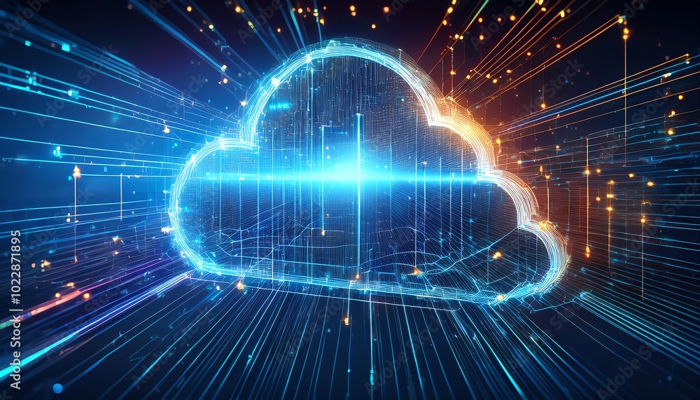 Poster a vibrant, digital illustration of a cloud symbol surrounded by luminous data streams, representing 