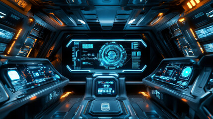 Imagine a sci-fi futuristic HUD (Heads-Up Display), designed to resemble a cutting-edge virtual reality technology screen. 