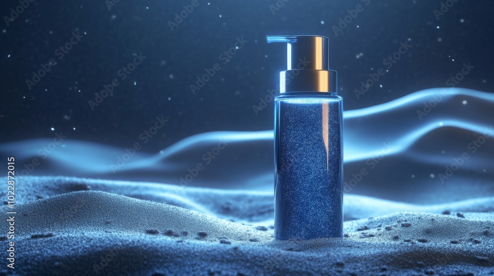 Poster a shimmering blue bottle with a pump sits elegantly on a textured surface, illuminated by soft light