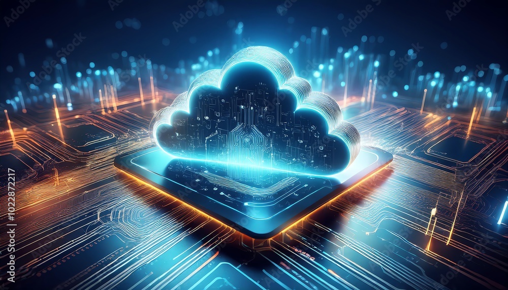 Poster a futuristic representation of cloud computing, with a glowing cloud symbol atop a circuit board, il