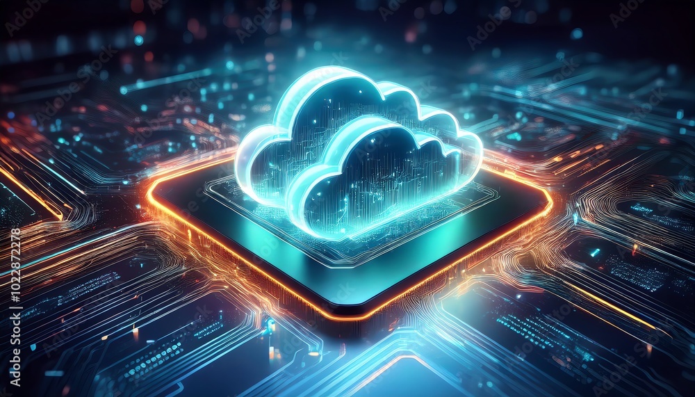 Poster a glowing cloud icon sits on a circuit-board background, symbolizing innovative cloud computing tech