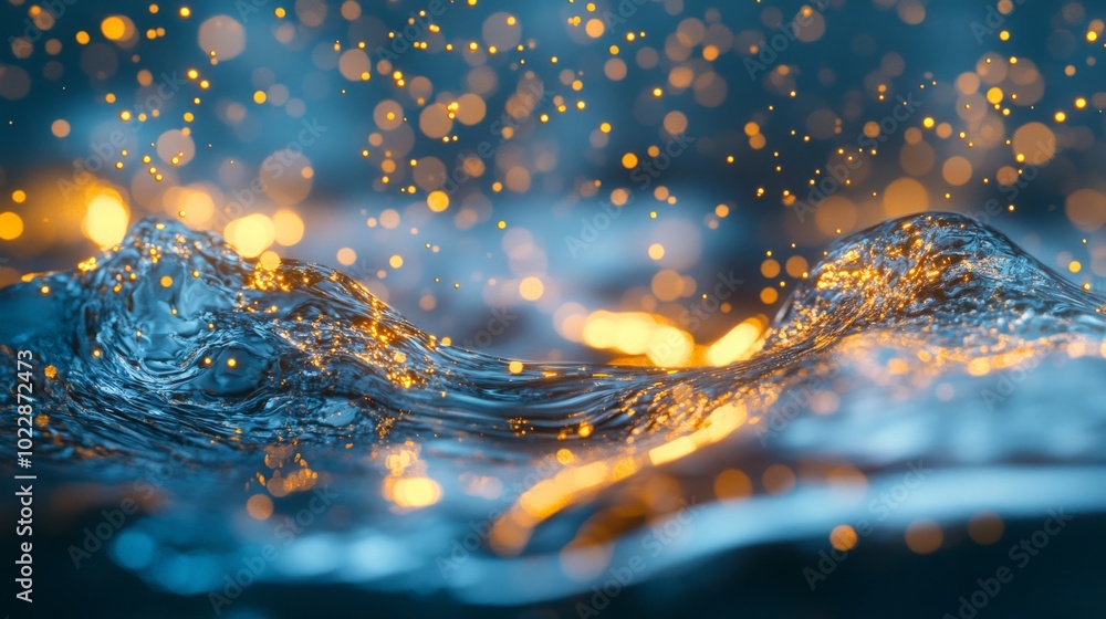 Poster a close-up of shimmering water with golden particles creating a mesmerizing, sparkling effect on the