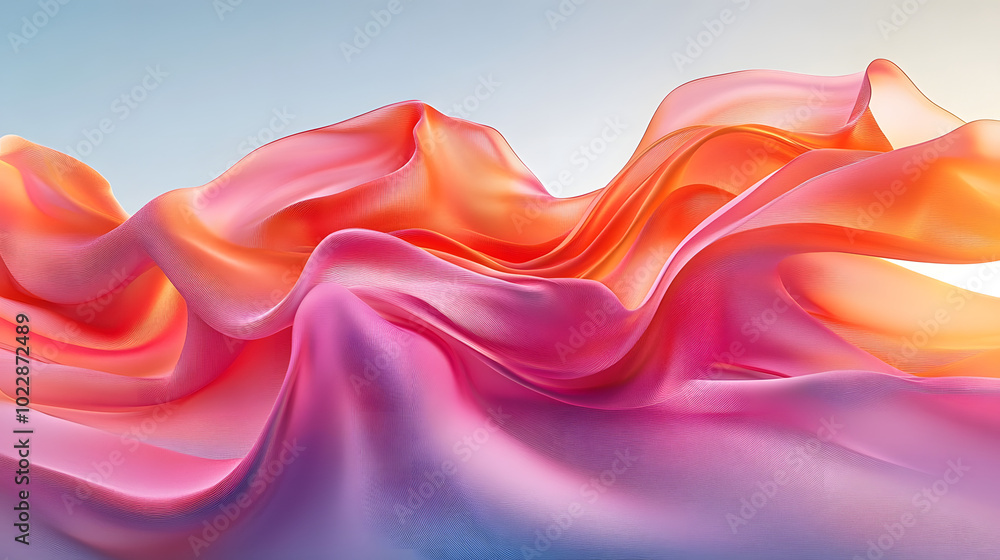 Poster a computer generated image of a wave of pink and orange fabric on a blue and white background with a