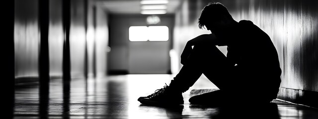 Silhouette of a depressed young man sitting in a school hallway, alone and sad
