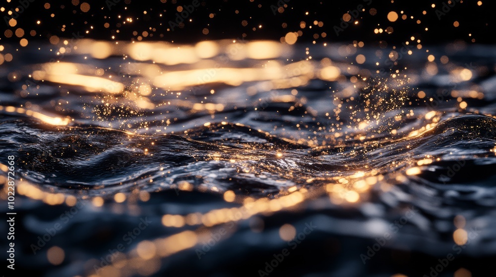 Poster a close-up view of shimmering water droplets creating ripples and reflections, capturing the interpl