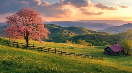 Tranquil Sunset Landscape with Blooming Tree