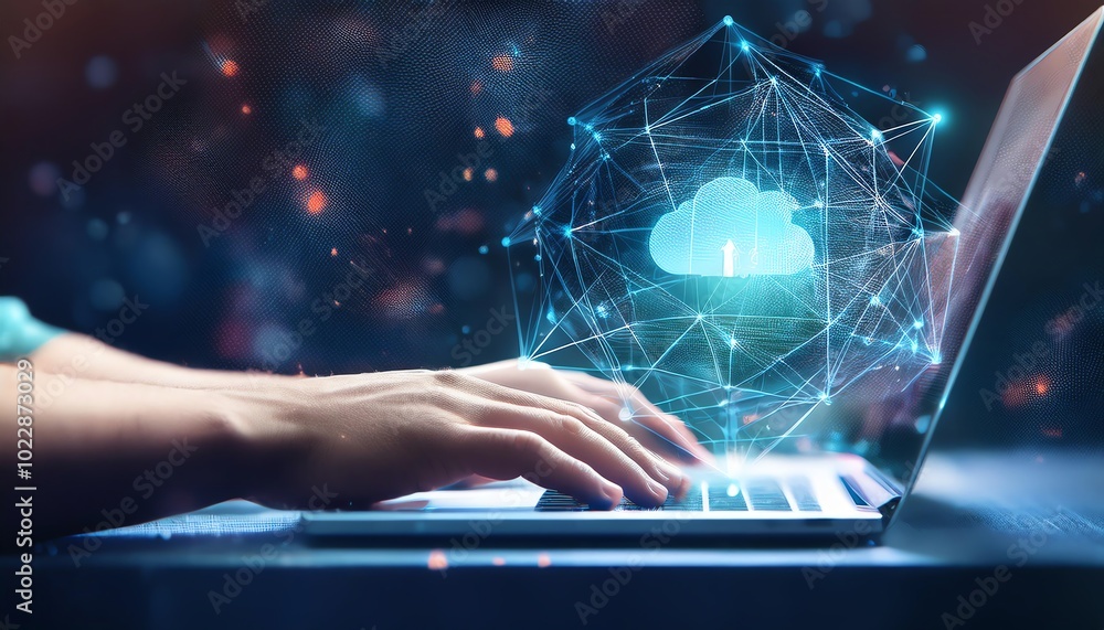 Poster a person types on a laptop with a digital cloud network graphic, representing cloud computing and co