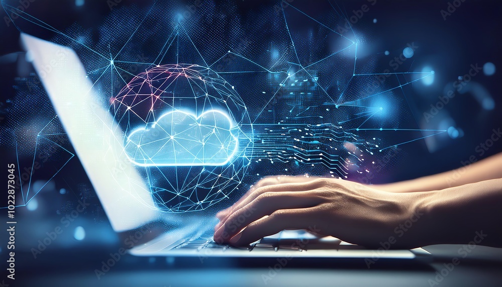 Poster a person types on a laptop, with a glowing cloud symbol above, representing cloud computing and digi