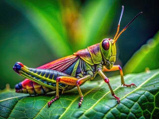 Vibrant Grasshopper on Green Leaf Highlighting Nature's Beauty in a Close-Up Macro Perspective