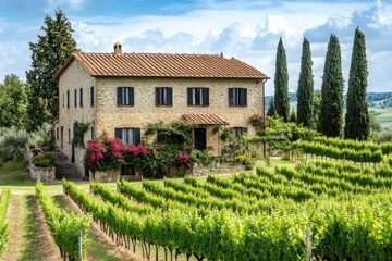 Charming rustic farmhouse nestled among vibrant vineyards in the Tuscan countryside
