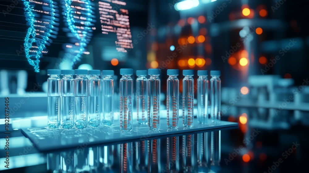 Poster lab of the future: a row of glass test tubes in a futuristic laboratory setting with blue and red li