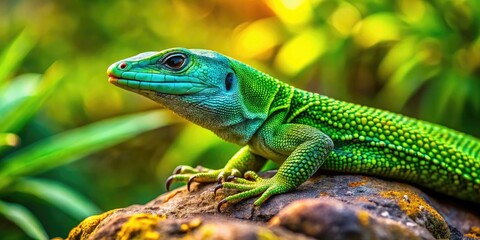 Fototapeta premium Vibrant Green Ameiva Lizard Sunbathing on a Rock in Its Natural Habitat Surrounded by Greenery