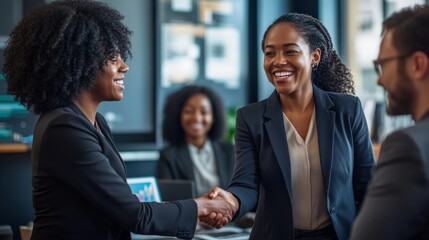 A woman in a suit shakes hands with another woman in a suit