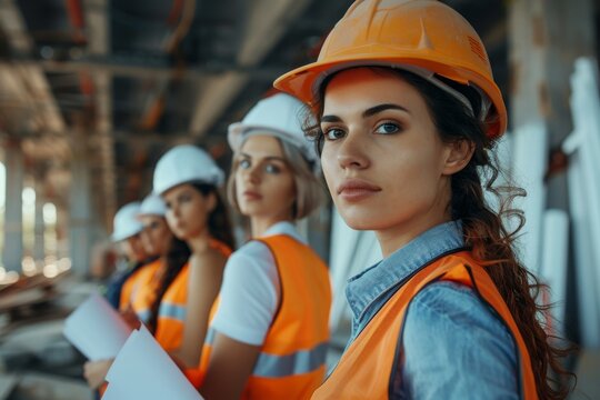 A group of women in hard hats and orange safety vests are focused on their tasks at a construction site, representing progress in the engineering sector.