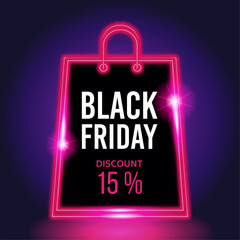 Black Friday neon banner sale. Black Friday neon background with 15 percent discount. Modern neon gift bag design. Vector illustration or shopping advertisement, retail sales and advertising campaign
