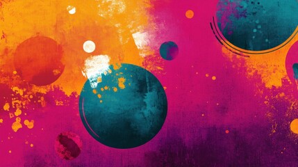 A vibrant abstract design featuring colorful circles and splashes on a textured background.