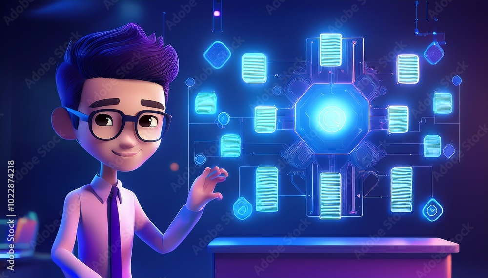Poster a young animated character in a shirt and tie gestures towards a glowing digital display with variou
