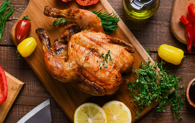 A perfectly roasted whole chicken garnished with herbs on a wooden board, accompanied by sliced lemons, red and yellow bell peppers, grilled tomatoes, fresh rosemary, and olive oil.