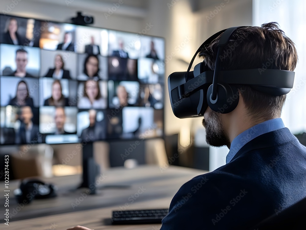Poster a person in a suit uses a vr headset while attending a virtual meeting on a large screen.