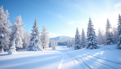 Naklejka premium Sunlit Snowy Landscape with Frosted Pine Trees