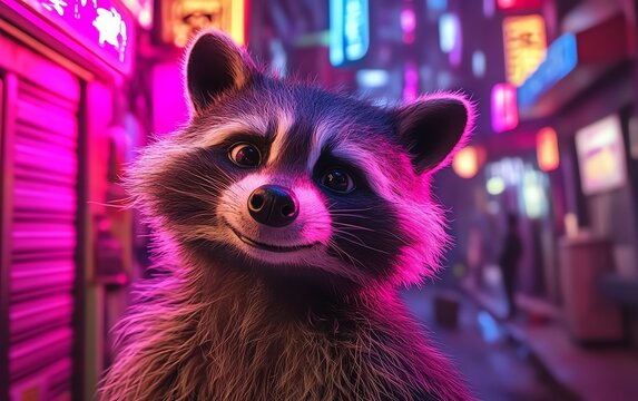 Cute raccoon in neon lights - Powered by Adobe