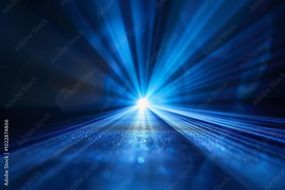 Poster vivid blue rays radiate outward from a central light source, creating a stunning visual effect in a 