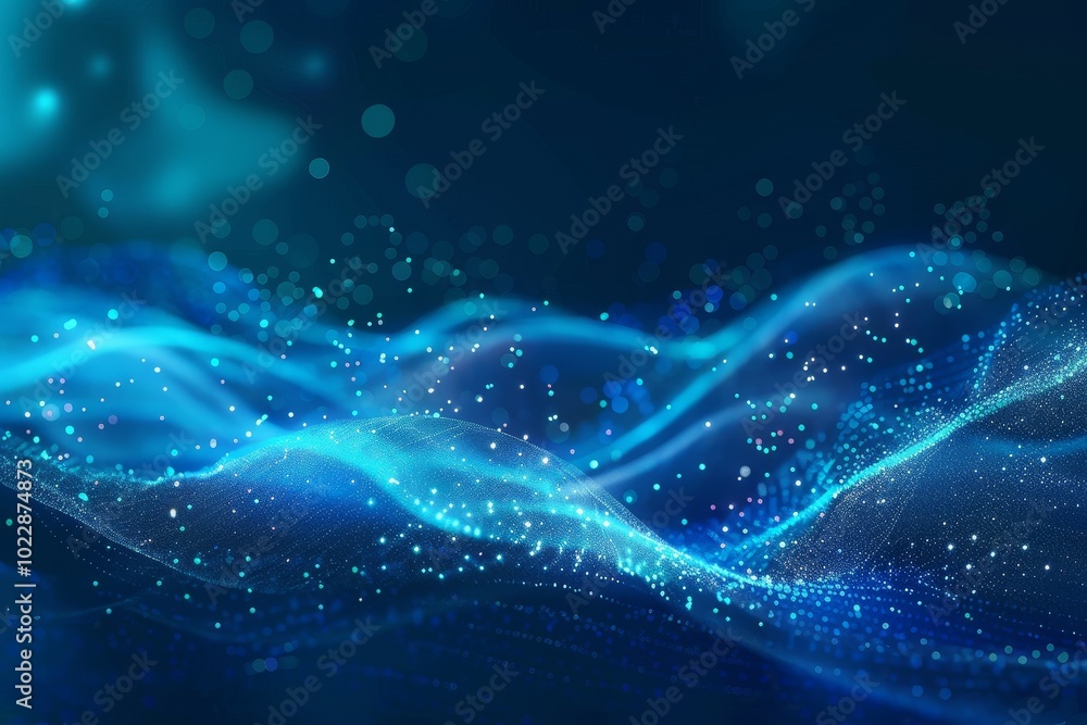 Poster soft waves of blue light swirl gracefully, adorned with sparkling particles that create a tranquil a