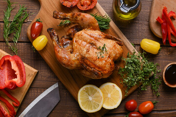 A perfectly roasted whole chicken garnished with herbs on a wooden board, accompanied by sliced lemons, red and yellow bell peppers, grilled tomatoes, fresh rosemary, and olive oil.