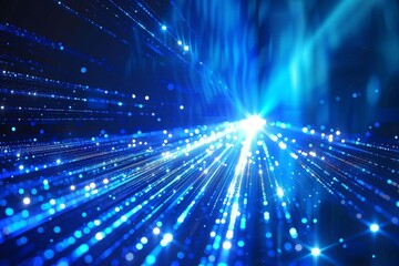 Obraz premium Bright blue light particles radiate outward in a dynamic pattern, creating an enchanting atmosphere during an art event filled with innovative technology and creativity.